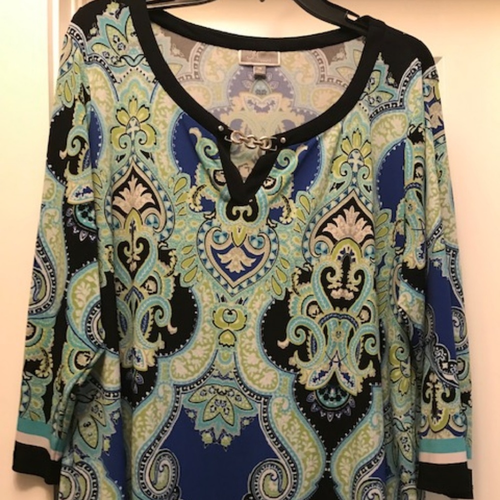 Green, black, blue and white blouse
